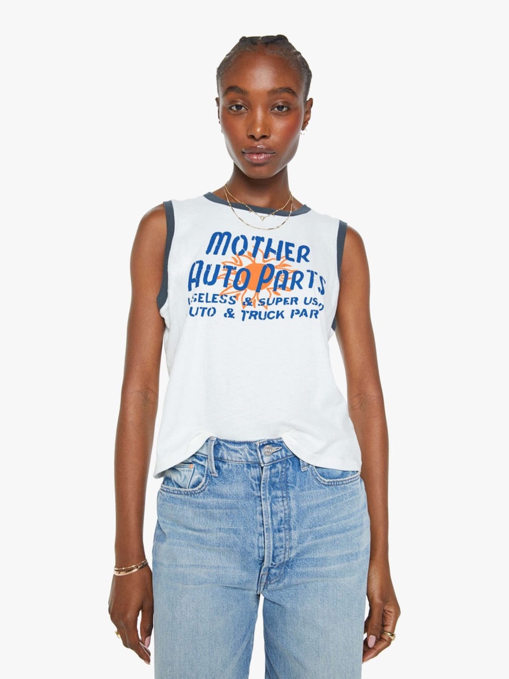 MOTHER The Strong & Silent Type Cotton Graphic Tank in Auto Parts White Size XL